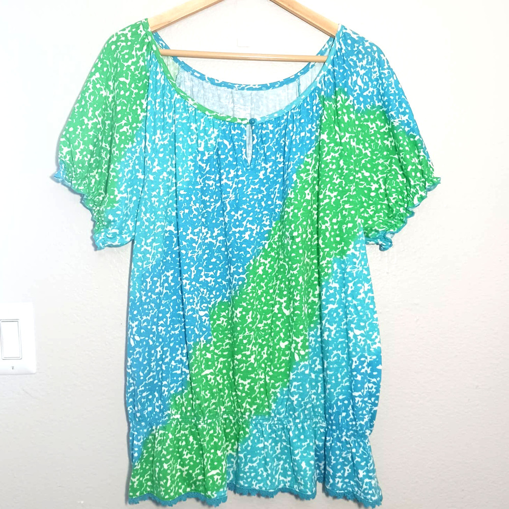 Lane Bryant Casual Geometric Short Ruffle Sleeves Blue Green Size 18 Blouse